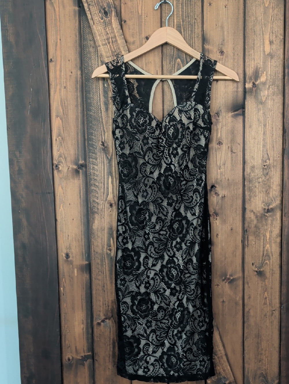 Black Lace Sheath Dress with Nude Lining Size S EUC